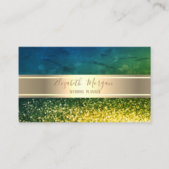 Elegant Modern Luxury Green Bokeh Gold Stripe Business Card (Front)