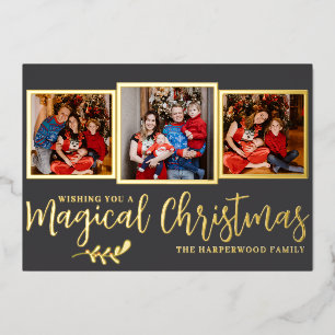 Elegant Modern Magical Christmas Family 3 Photo Foil Holiday Card