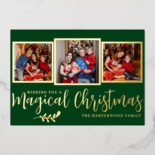 Elegant Modern Magical Christmas Family 3 Photo Foil Holiday Card (Front)