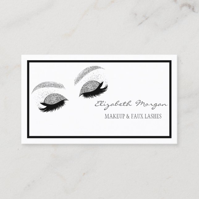 Elegant Modern Makeup,Silver Glitter Faux Lashes Business Card (Front)