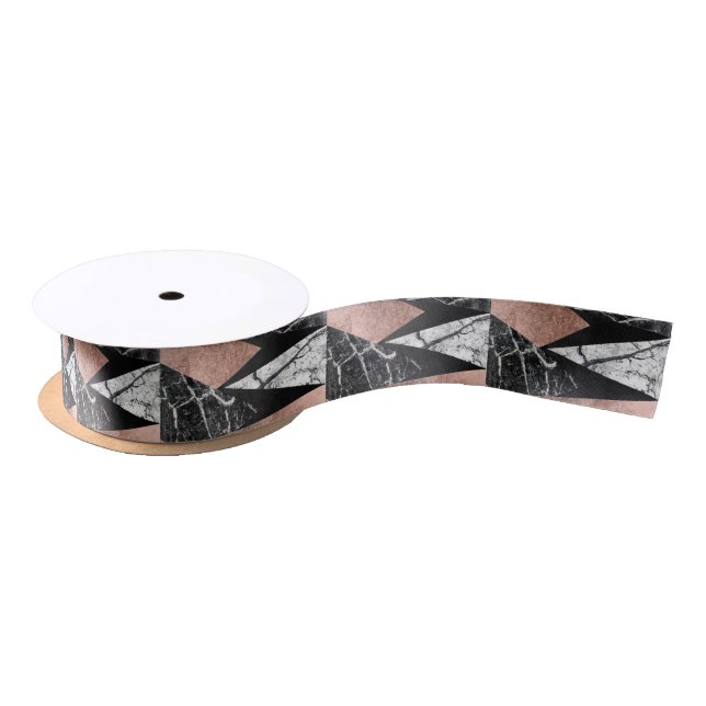 Elegant Modern Marble, Rose Gold, & Black Triangle Satin Ribbon (Spool)
