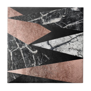 Elegant Modern Marble, Rose Gold, & Black Triangle Tile