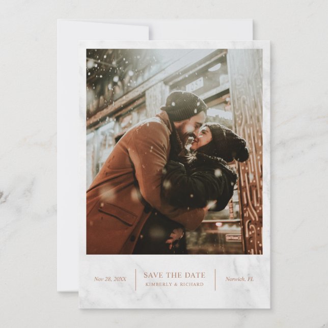 Elegant Modern Marble Rose Gold Save The Date Card (Front)