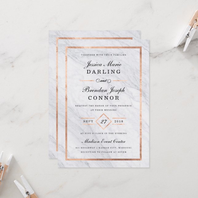 Elegant Modern Marble & Rose Gold Wedding Invitation (Front/Back In Situ)