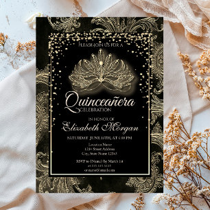 Elegant Modern Masque Floral Damask Quinceanera Invitation