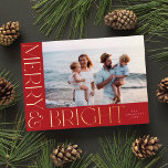Elegant Modern Merry & Bright 1 Photo Red Gold  Foil Holiday Card<br><div class="desc">This festive holiday photo card features one horizontal photo,  elegant yet simple typography,  and a beautiful deep red background. The raised foil greeting on the front says "Merry & Bright".  You can also add another photo and/or additional text to the back!</div>