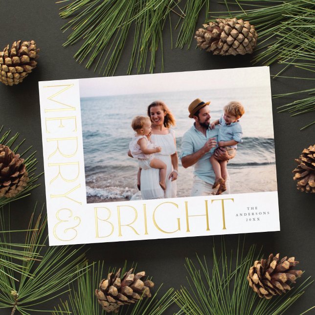 Elegant Modern Merry & Bright 1 Photo White Gold  Foil Holiday Card (Creator Uploaded)