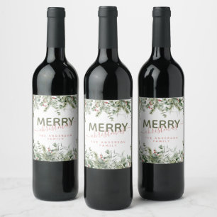 Elegant Modern Merry Christmas Family Name Wine La Wine Label