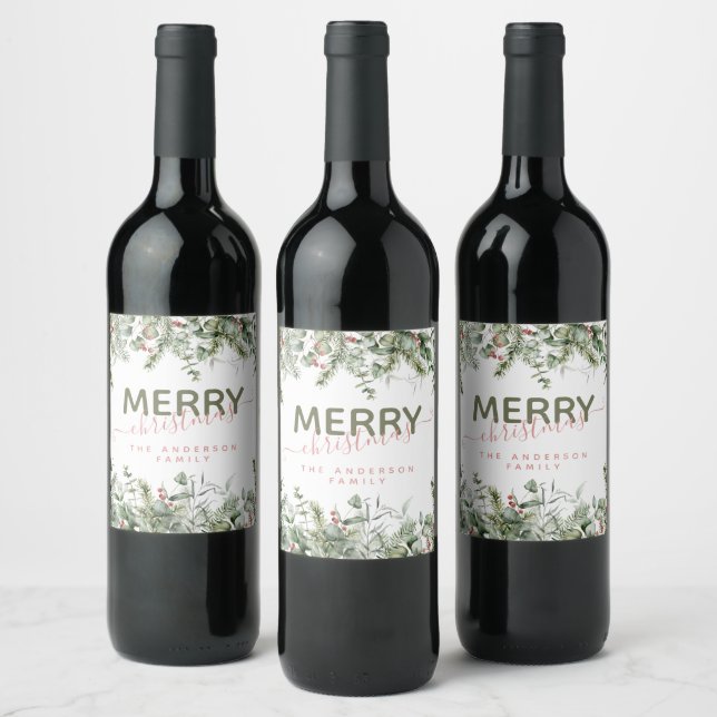 Elegant Modern Merry Christmas Family Name Wine La Wine Label (Bottles)