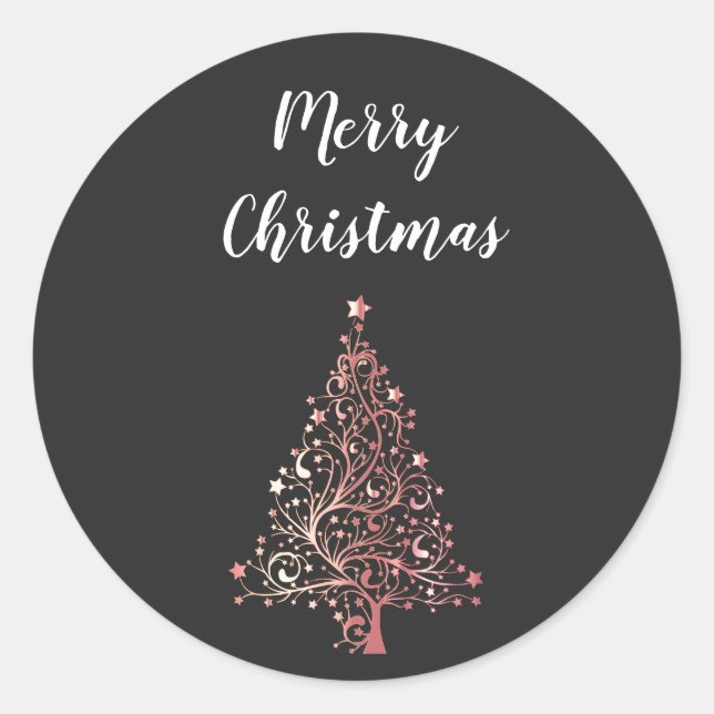 elegant modern Merry Christmas rose gold tree Classic Round Sticker (Front)