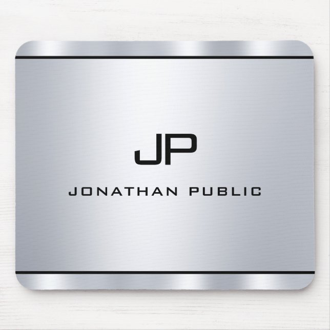 Elegant Modern Metallic Silver Look Monogram Mouse Mat (Front)