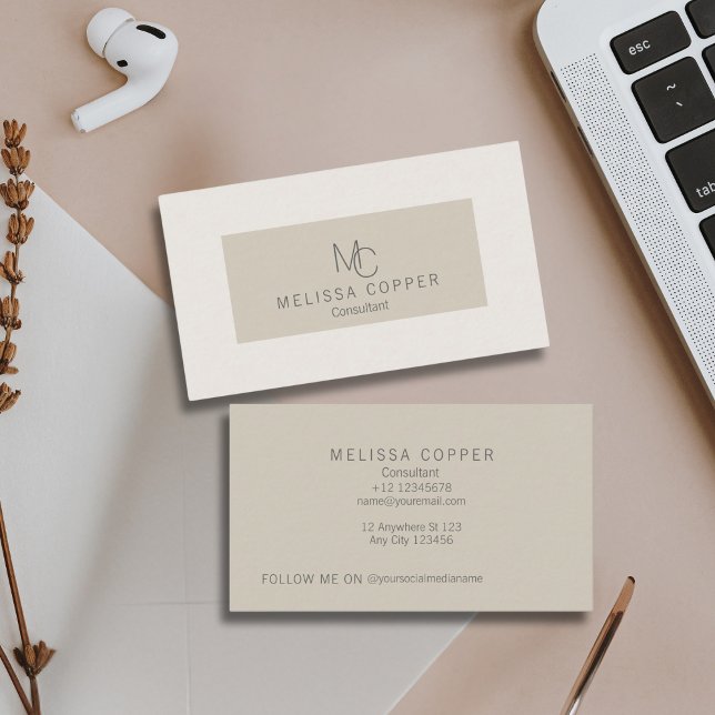 Elegant Modern Minimal Beige Ivory Monogram Business Card (Creator Uploaded)