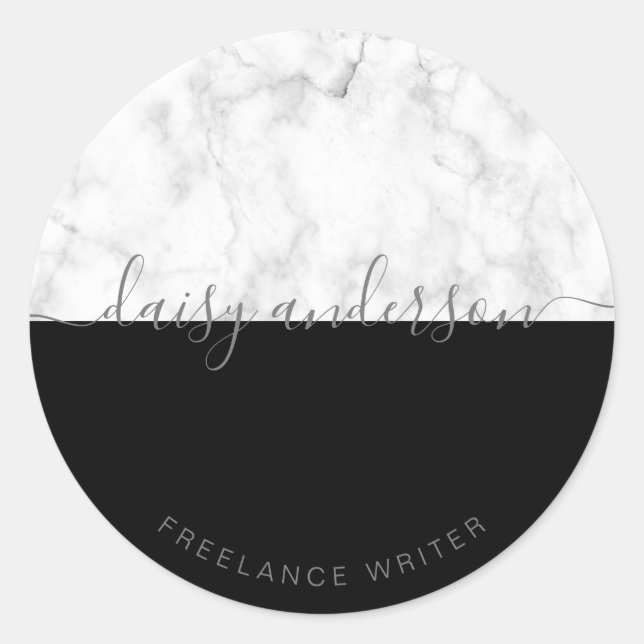 Elegant modern minimal black & white marble writer classic round sticker (Front)