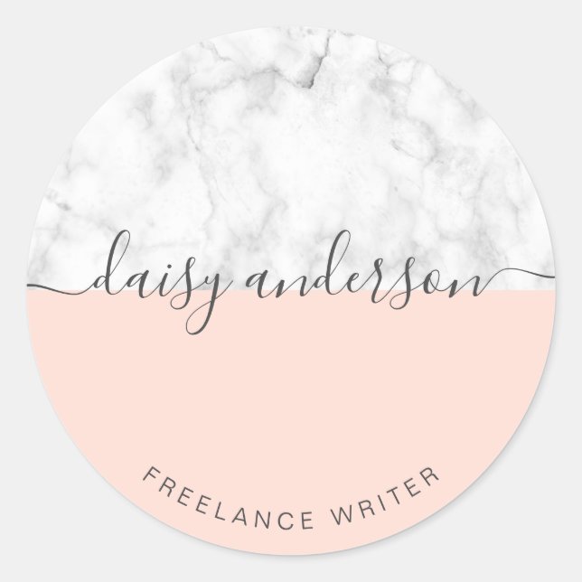 Elegant modern minimal blush pink & marble writer classic round sticker (Front)