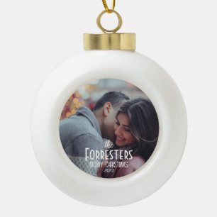 Elegant Modern Minimal Christmas Couple Photo Ceramic Ball Christmas Ornament