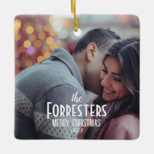 Elegant Modern Minimal Christmas Couple Photo Ceramic Ornament
