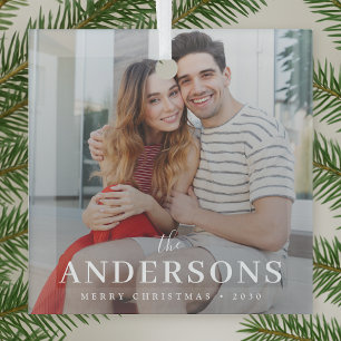 Elegant Modern Minimal   Christmas Couple Photo Glass Tree Decoration