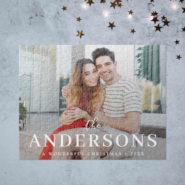 Elegant Modern Minimal | Christmas Couple Photo Jigsaw Puzzle (Stylish holiday jigsaw puzzle with custom family name and minimalist typography design)