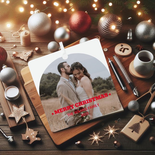 Elegant Modern Minimal | Christmas Couple Photo  Metal Tree Decoration (Creator Uploaded)