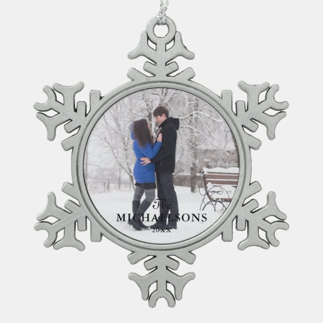 Elegant Modern Minimal Christmas Couple Photo Snowflake Pewter Christmas Ornament (Front)