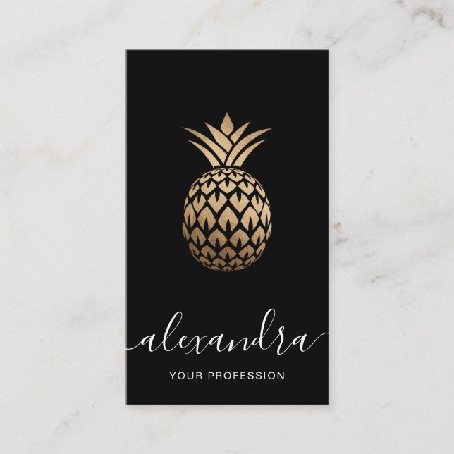 Elegant modern minimal copper gold black pineapple business card (Front)