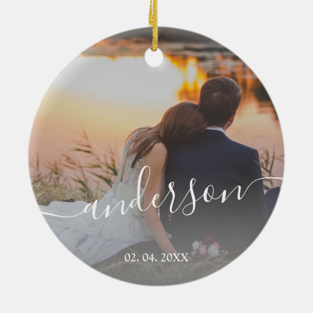 Elegant modern minimal custom family photo ceramic tree decoration (Back)