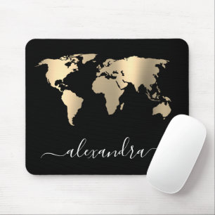 Elegant modern minimal gold black world map mouse mat