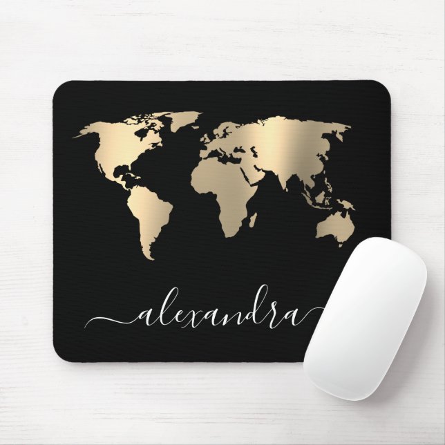Elegant modern minimal gold black world map mouse mat (With Mouse)