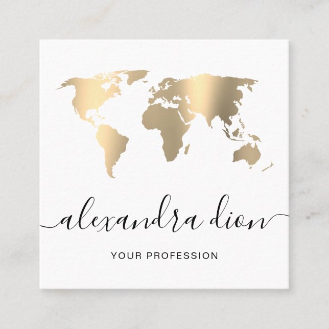 Elegant modern minimal gold white world map square business card (Front)