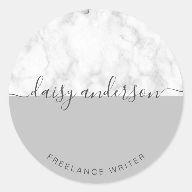 Elegant modern minimal grey & white marble writer classic round sticker (Front)