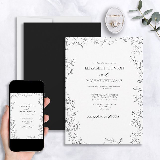 Elegant Modern Minimal Leaf Black & White Wedding Invitation (Creator Uploaded)
