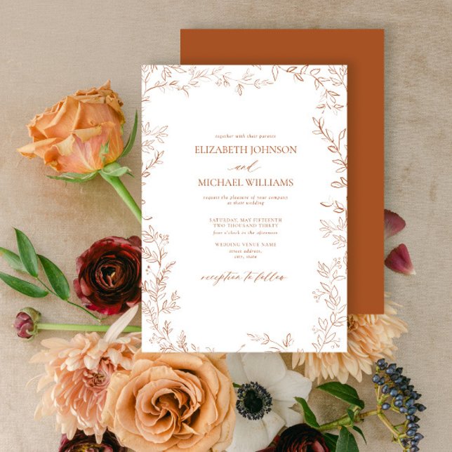 Elegant Modern Minimal Leaf Burnt Orange Wedding Invitation (Creator Uploaded)