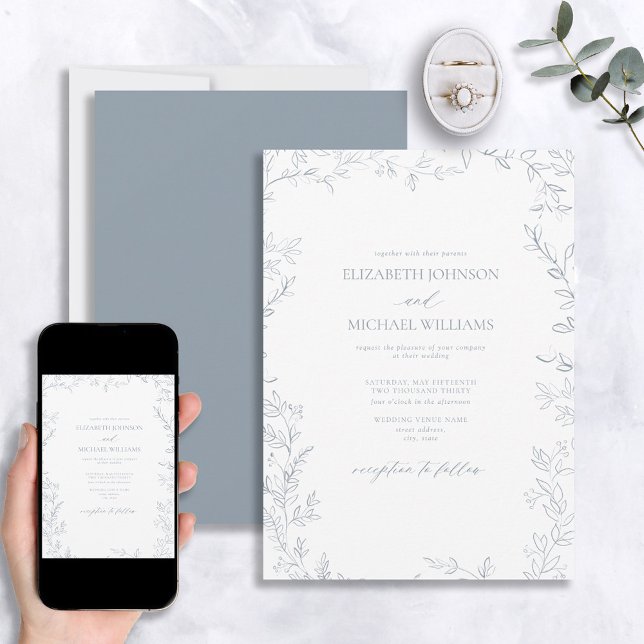 Elegant Modern Minimal Leaf Dusty Blue Wedding Invitation (Creator Uploaded)