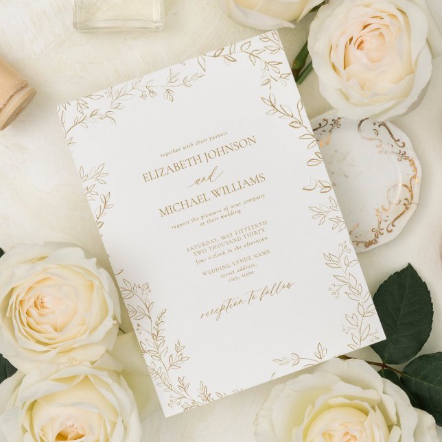 Elegant Modern Minimal Leaf Gold Wedding Invitation (Creator Uploaded)