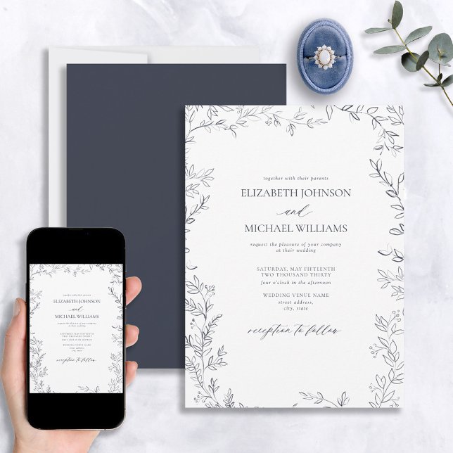 Elegant Modern Minimal Leaf Navy Blue Wedding Invitation (Creator Uploaded)
