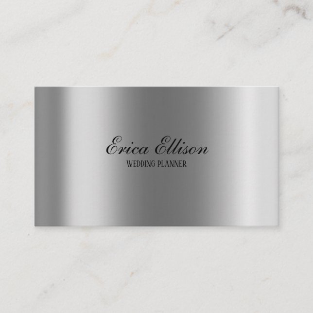 Elegant Modern Minimal Metallic Silver Wedding Business Card (Front)
