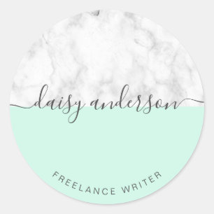 Elegant modern minimal mint green & marble writer classic round sticker