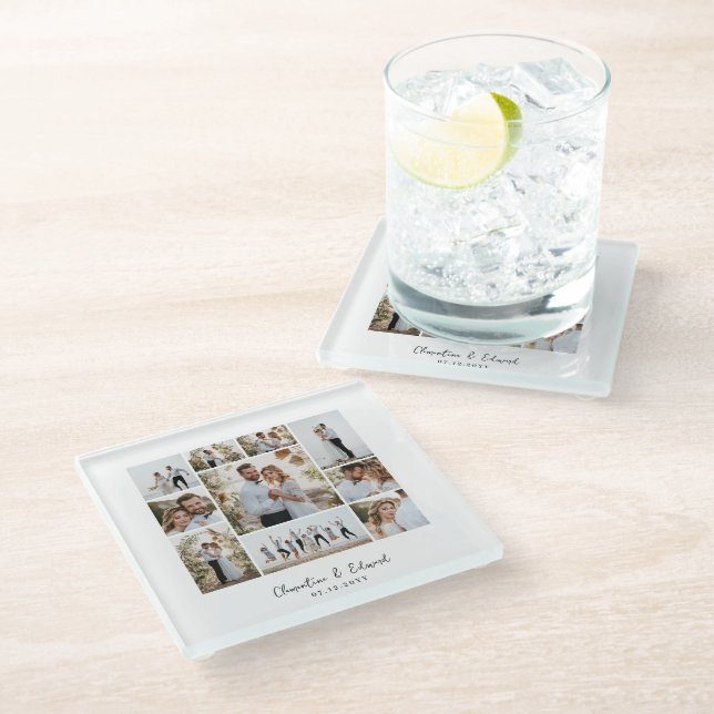 Elegant modern minimal photo collage wedding glass coaster (Angled)