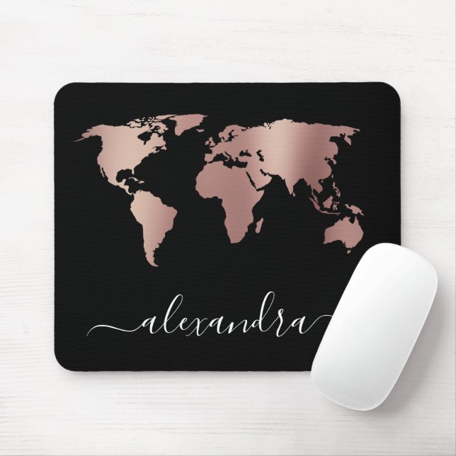 Elegant modern minimal rose gold black world map mouse mat (With Mouse)