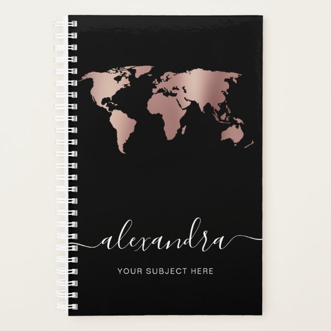 Elegant modern minimal rose gold black world map planner (Front)