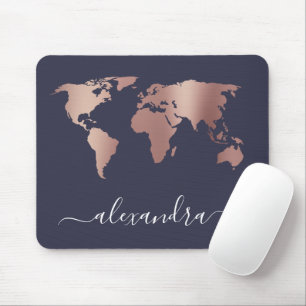 Elegant modern minimal rose gold blue world map mouse mat