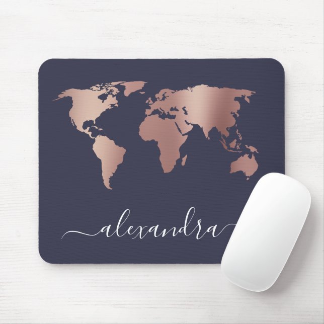 Elegant modern minimal rose gold blue world map mouse mat (With Mouse)