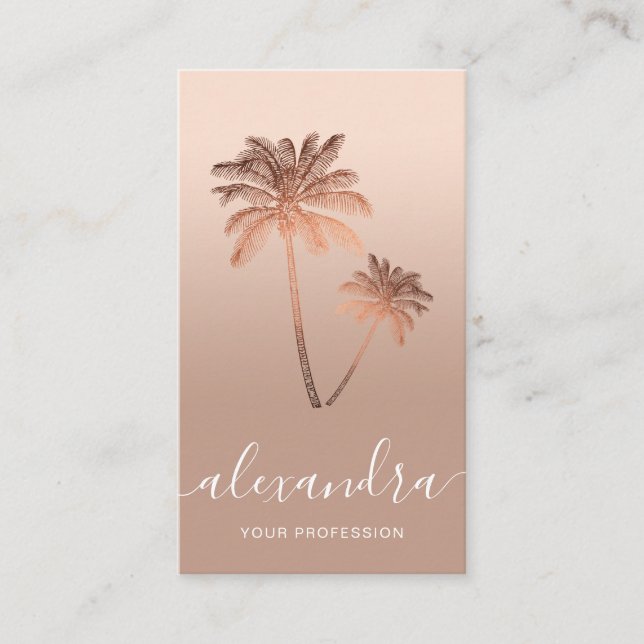 Elegant modern minimal rose gold & copper palms business card (Front)