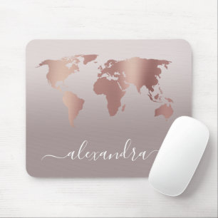 Elegant modern minimal rose gold grey world map mouse mat