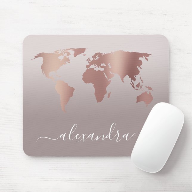 Elegant modern minimal rose gold grey world map mouse mat (With Mouse)