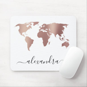 Elegant modern minimal rose gold white world map mouse mat