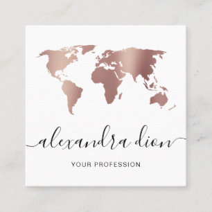 Elegant modern minimal rose gold white world map square business card