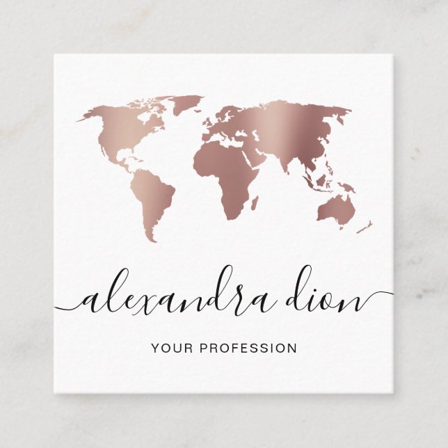 Elegant modern minimal rose gold white world map square business card (Front)