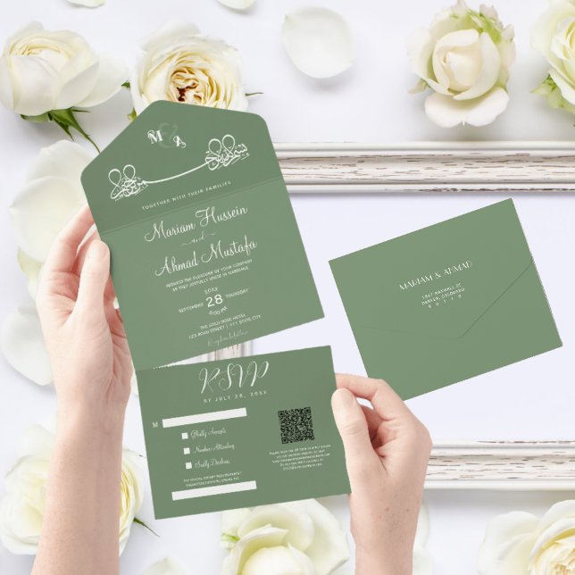 Elegant Modern Minimal Sage Green Islamic Nikah All In One Invitation (all in one islamic wedding invitation)