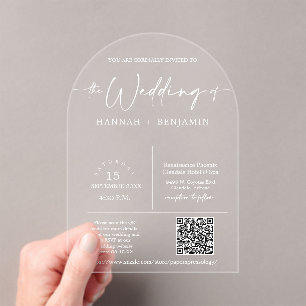 Elegant Modern Minimal Script Wedding Arch QR Code Acrylic Invitations